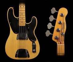 an electric bass guitar is shown with its neckplates and headphones attached to it