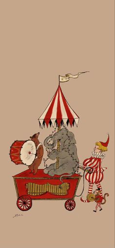 an elephant riding on top of a red wagon next to a circus tent with clowns