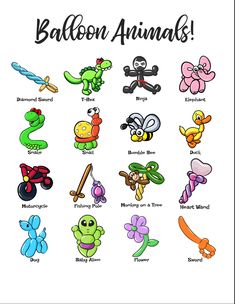 an image of cartoon animals with the words balloon animals written in different colors and sizes