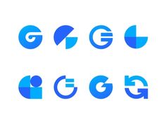 the letter g is made up of different shapes and sizes, including blue circles on white background