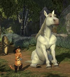 an animated horse standing next to a dog on a dirt road in front of trees