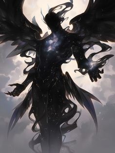 an artistic painting of a man with wings on his body and arms outstretched in the air