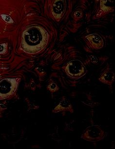 an image of many different eyes in red and black colors on a dark background that appears to be blurry