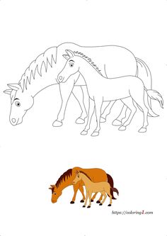two horses are standing next to each other in the same drawing style, one is brown and one is orange