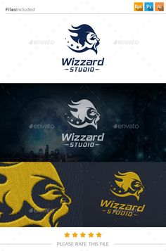 the wizard studio logo is shown in three different colors and sizes, as well as an image