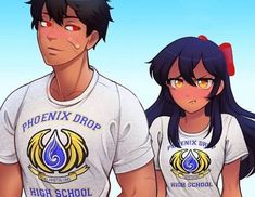 two anime characters standing next to each other