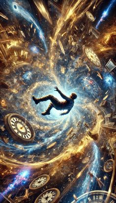 a man floating in space surrounded by clocks and other things that are all around him
