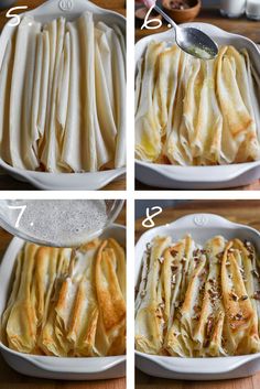 four pictures show how to make stuffed pasta in a casserole dish with cheese and seasoning