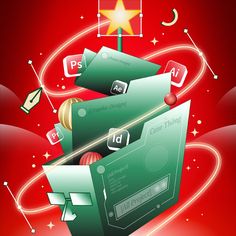 two green folders stacked on top of each other in front of a red background