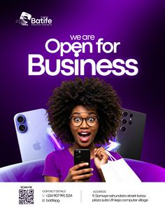 a woman holding a cell phone in front of her face with the text, we are open for business