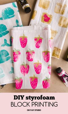 diy styrofoam block printing project with strawberries and polka dots