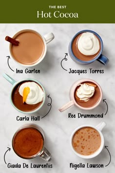 different types of hot chocolate in mugs