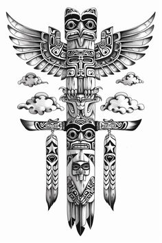 an image of a totema with wings and clouds in the sky on a white background
