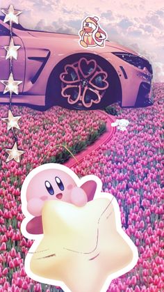a pink car is in the middle of a field with flowers and stars on it