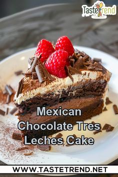 mexican chocolate tress leches cake with raspberries on top