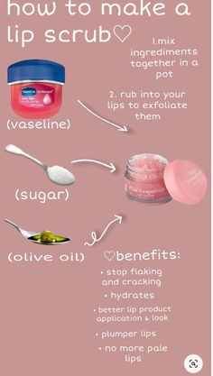 Lip Scrubs Diy, Diy Lip Scrub With Vaseline, Vaseline Lip Scrub Diy, Home Made Lip Scrub Recipes, Vaseline Lip Scrub, Lip Scrub Diy Vaseline, Lip Scrub With Vaseline, How To Do Lip Scrub At Home, Lip Care Routine Vaseline
