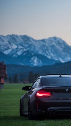 the back end of a car parked on grass with mountains in the background at dusk