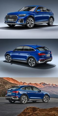 the side and back view of an suv in three different angles, with mountains in the background