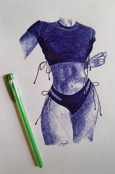 a drawing of a woman's shirt and panties with a green marker next to it