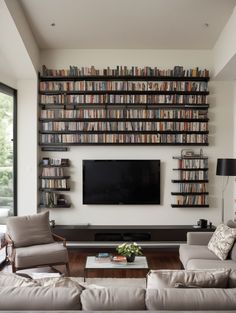 a living room filled with furniture and a flat screen tv mounted to the side of a wall