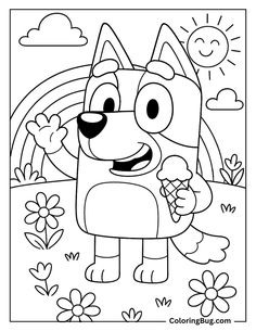 a coloring page with a cartoon dog holding an ice cream cone in it's hand