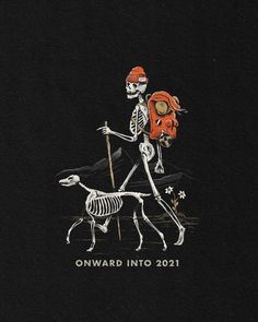 a skeleton and a dog are walking in the dark, with an orange backpack on their back