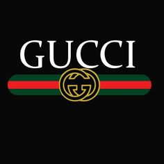 the gucci logo is shown in black and red with green, yellow and white stripes