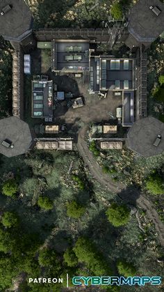 an aerial view of a building surrounded by trees and bushes, with the words cybermaps above it