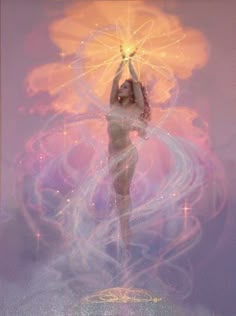 a woman holding her hands up in the air with an energy ball above her head