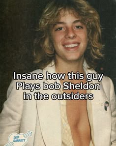 a woman in a white suit smiling with the caption insane how this guy plays bob sheldon in the outsides