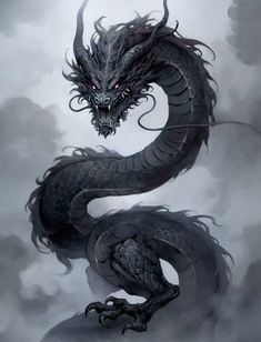 a black dragon sitting on top of a cloud filled sky
