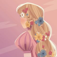 a woman with long blonde hair and flowers in her hair