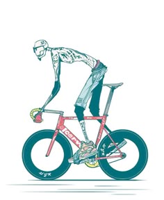 a man riding on the back of a bike with his foot in the wheelbars