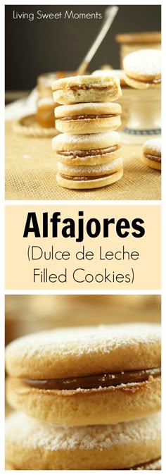 some cookies are stacked on top of each other and the words alfadores written in spanish