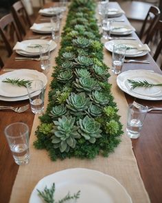 a long table is set with plates and place settings