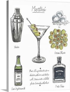 an illustration of martini cocktails with olives