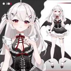 an anime character with long white hair and red eyes wearing a black corset