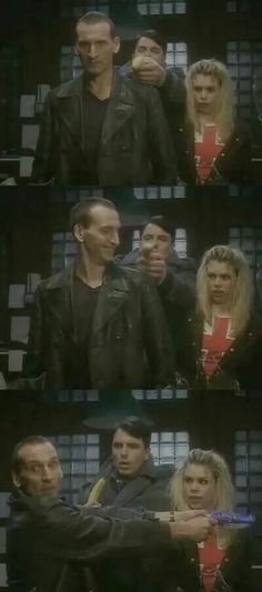 two men and a woman standing in front of each other with their arms around one another