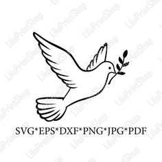 a white dove with an olive branch in its beak and the words svges dxf