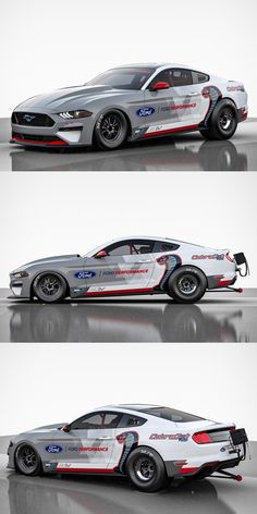 three different views of a car with the hood up and side view showing it's engine