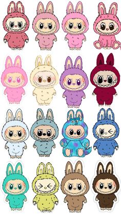 some cute little bunnies in different colors and sizes, all with big eyes on them