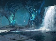 a waterfall in the middle of a cave with ice and water flowing down it's sides