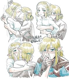 some anime characters with blonde hair and blue eyes, one is hugging the other's head