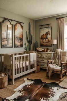 a baby's room with an animal print rug, rocking chair and crib