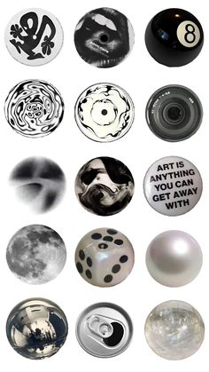 several different types of buttons with black and white designs on them, all in the same pattern