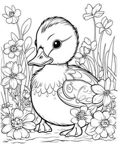 a duck in the flowers coloring page for adults and children, with an image of a duck