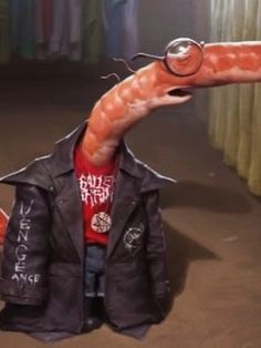 a fake sausage is in the shape of a man's jacket