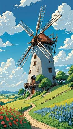 a painting of a windmill in the middle of a field with blue flowers and green grass