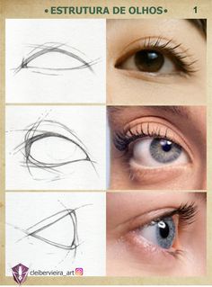 the steps in how to draw an eye with different angles and colors, including eyelashes