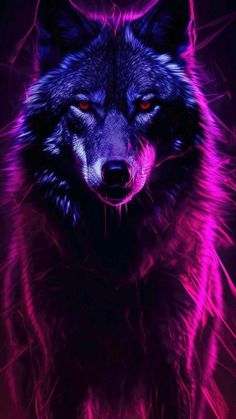 a purple wolf with red eyes looking at the camera